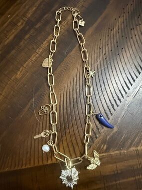 Gold Charm Link Necklace with Blue and White Accents